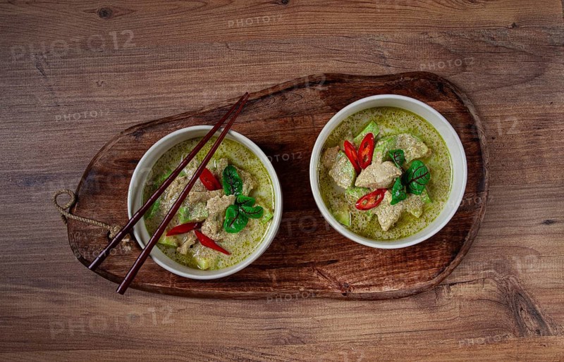 Green curry with chicken, traditional Thai cuisine, Asian food, homemade, no people