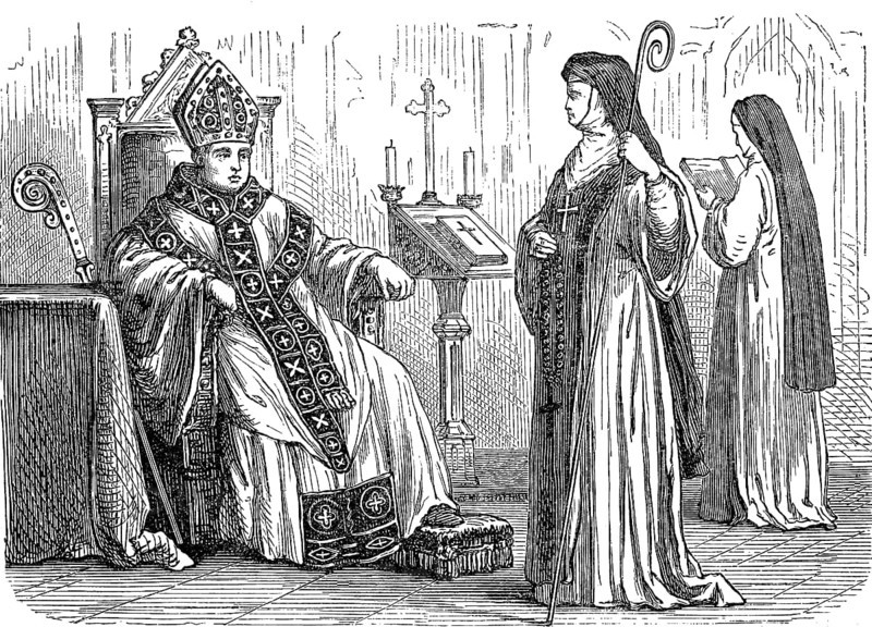 Infulted abbot with papal privilege and abbess in a monastery, France, 1880, Historical, digital reproduction of an original from the 19th century, Europe