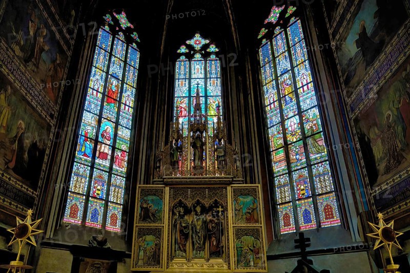 Prague castle, Gothic Metropolitan Cathedral of Saints Vitus, Wenceslas and Adalbert, Old Archiepiscopal Chapel, Stained glass window, Prague, Czech Republic, Europe