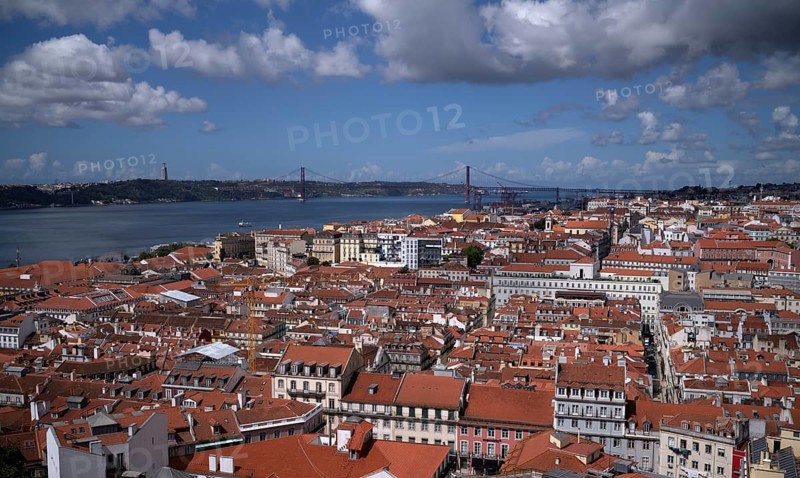 View from Castelo de Sao Jorge to old town, city view, river Rio Tejo, bridge 25 de Abril, Lisbon, Portugal, Europe