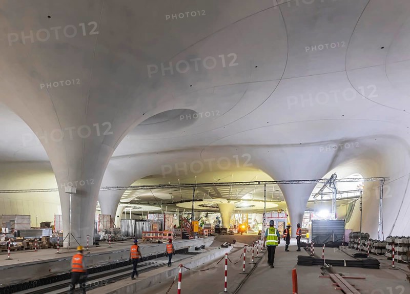 Impressions of the new Stuttgart 21 main station. The shell is finished, now it's time for the technical equipment. The 28 chalice-shaped columns supporting the roof of the underground through station are striking. Skylights with a diameter of around 21 metres provide daylight in the station. Stuttgart, Baden-Württemberg, Germany, Europe