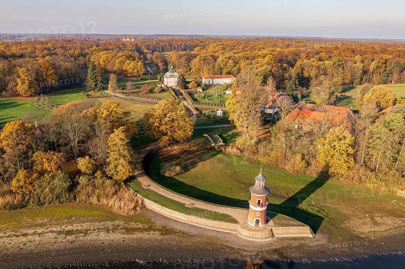 Aerial view of lighthouse and castle Fasanenschloss, view to castle Moritzburg in the back, autumn colors, Germany, Europe