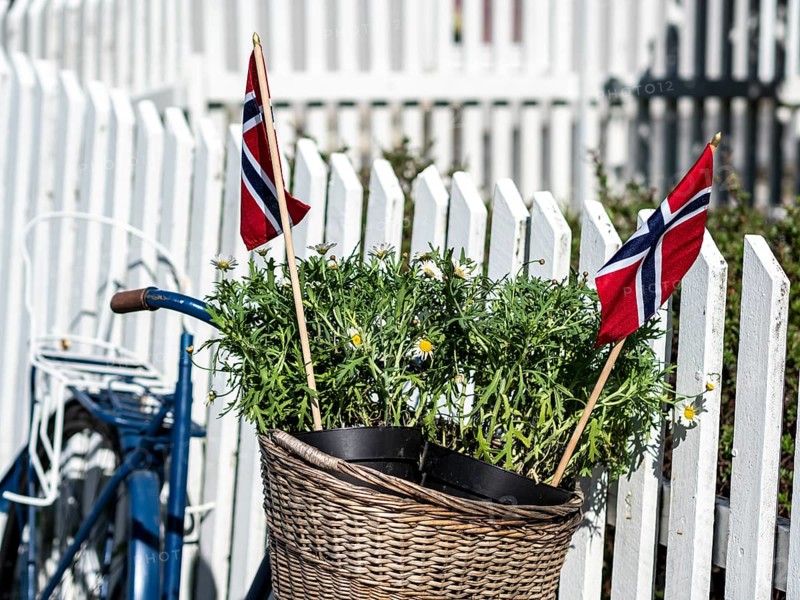 Decorated bicycle at a white fence, norwegian national day, village Solvorn at the Sognefjord, Norway, Europe