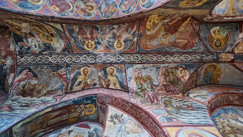 Orthodox church frescoes with biblical scenes and religious icons on the ceiling, Inside the monastery, Agiou Theologou Monastery, Chora, Patmos, Dodecanese, Greek Islands, Greece, Europe