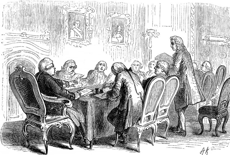 The Council of Ministers under Frederick William in session, room, table, court officials, armchair, deliberation, orders, discussion, Prussian history, historical illustration 1882