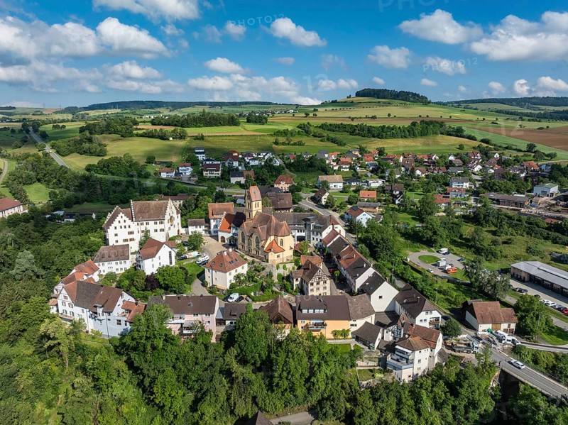 Aerial view of flower field, district of the southern Baden town of Tengen with flower field Castle and the parish church of St Michael, Hegau, district of Constance, Baden-Württemberg, Germany, Europe