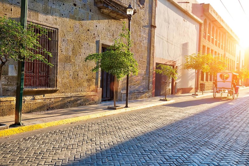 Colorful Guadalajara streets in historic city center near Central Cathedral