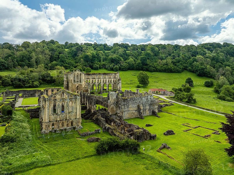 Rievaulx Abbey from a drone, North York Moors National Park, North Yorkshire, England, United Kingdom, Europe
