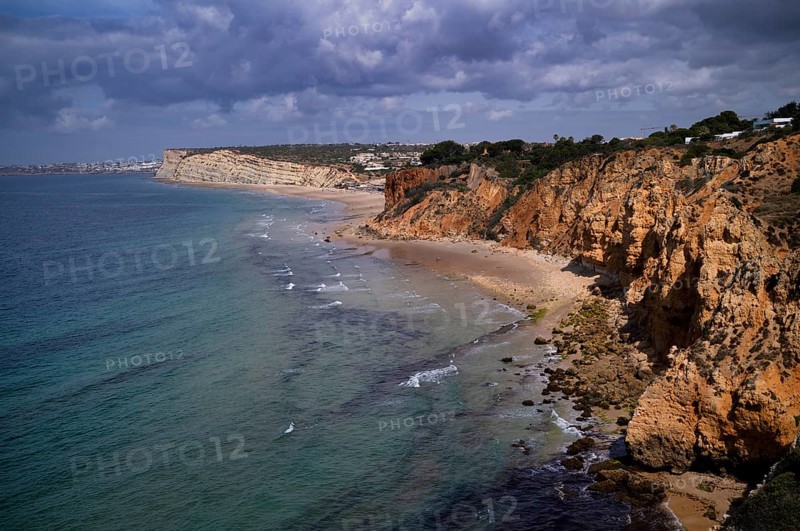 View from the cliff on beaches Praia do Canavial and Praia de Porto de Mos, cliffs, rocks, sea, Lagos, Atlantic Ocean, Algarve, Portugal, Europe