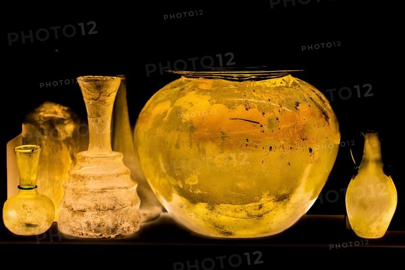 Glass vessels, 3rd-4th century, National Archaeological Museum, Villa Cassis Faraone, UNESCO World Heritage Site, important city in the Roman Empire, Aquileia, Friuli, Italy, Aquileia, Friuli, Italy, Europe