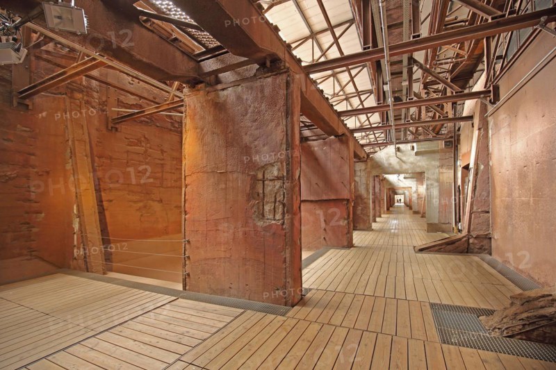 Interior view of the Möllerhalle with long corridors, vanishing point, path, partition walls, partition wall, UNESCO Völklingen Ironworks, Völklingen, Saarland, Germany, Europe