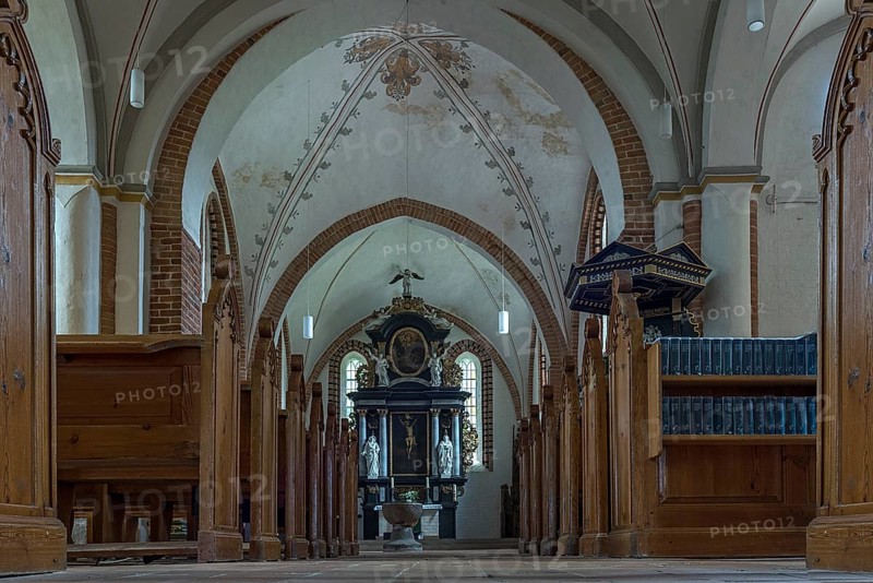 Interior of St Mary's Church, Brick Gothic, behind the baroque altar 18th century, Klütz, Mecklenburg-Vorpommern, Germany, Europe