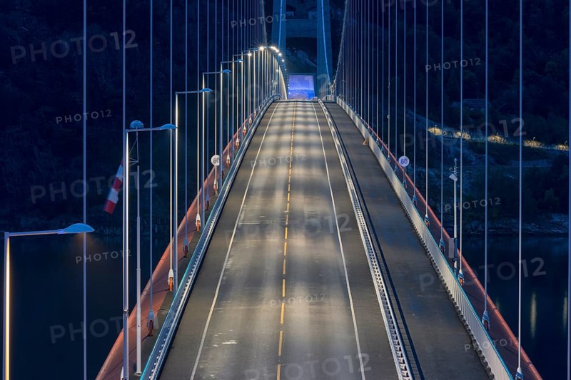 Bridge Hardangerbrua at night, Hardangerbridge, over the Eidfjord, a branch of the Hardangerfjord, longest norwegian bridge, Hordaland, Norway, Europe