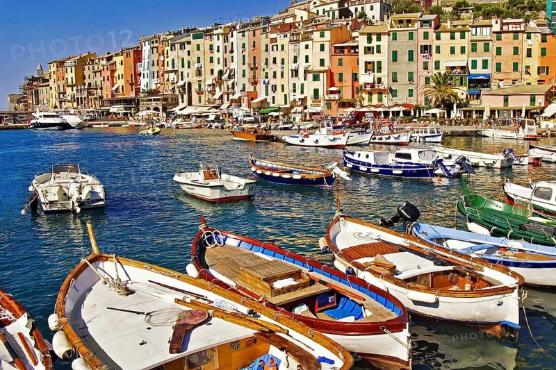 View over the harbour of Portovenere, Portovenere, Liguria, Italy, Europe