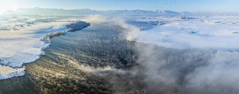 Aerial view of a lake in front of mountains, winter, snow, morning light, fog, panorama, Riegsee, foothills of the Alps, Upper Bavaria, Bavaria, Germany, Europe