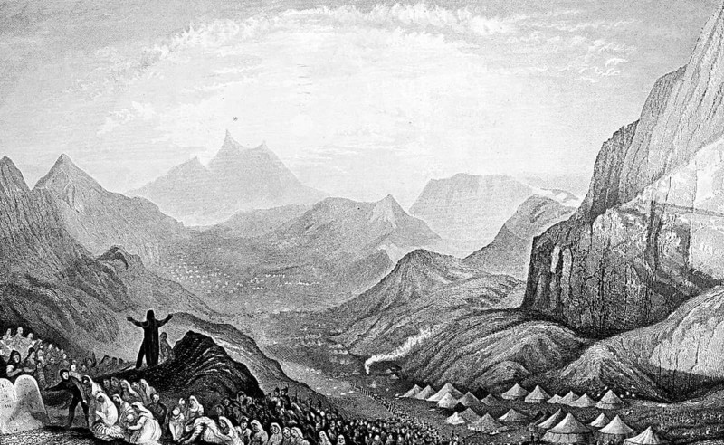 The Israelites received the tablets of the ten commandments, in the valley of Sinai, mountain landscape, crowd, tents, Old Testament, Bible, historical illustration 1854