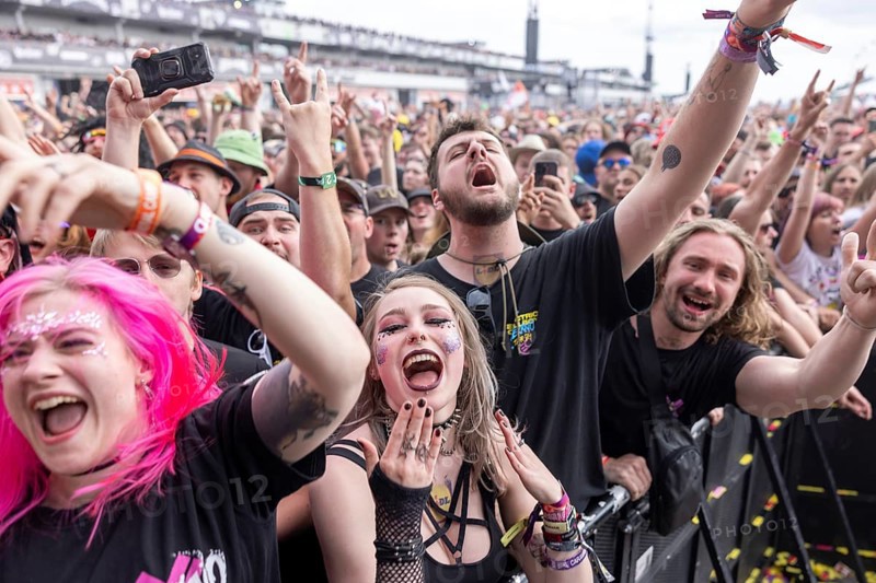 Adenau, Germany, 8 June 2024: Fans listen to Electric Callboy at Rock am Ring. The festival takes place at the Nürburgring race track near the town of Adenau from 7 to 9 June 2024, Europe