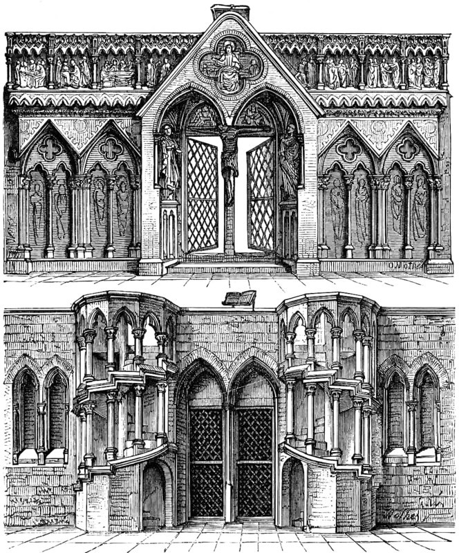Lettner separating elements on the west choir of Naumburg Cathedral of St Peter and Paul, late Romanesque, ornamentation, Germany, historical illustration 1880, Europe