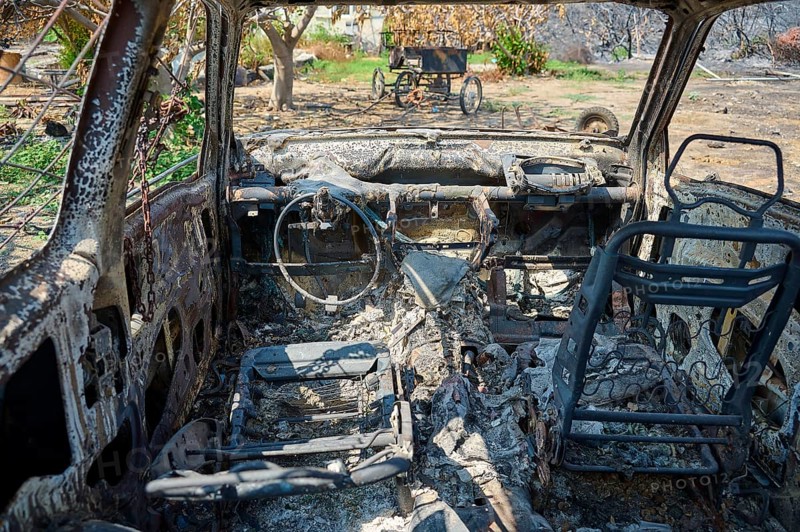Interior of a burnt car, completely devastated and charred, depicting the utter destruction, forest fires, summer 2023, forest fire damage, Boutique 5 Hotel, Kiotari, Rhodes, Rhodes, Dodecanese, Greek Islands, Greece, Europe