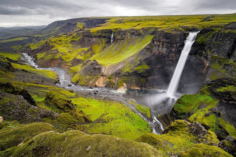 River and waterfalls at a canyon with green moss, Haifoss and Granni waterfall at a canyon, Fossa Ã­ Îjorsardal, with river Ã­ Îjorsardal, long exposure, dramatic landscape, Hekla, Iceland, Europe