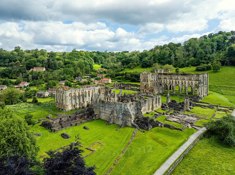 Rievaulx Abbey from a drone, North York Moors National Park, North Yorkshire, England, United Kingdom, Europe