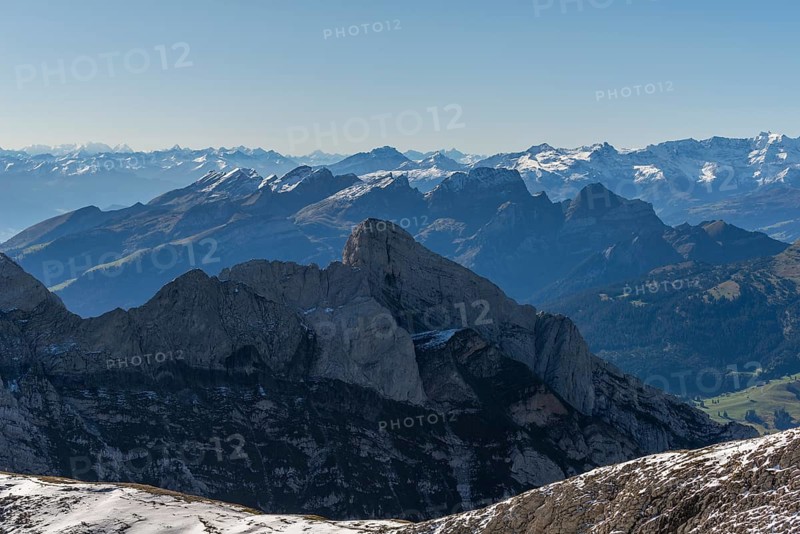View from the alpine peak SÃ¤ntis to the Appenzell Alps, 2505m altitude, SchwÃ¤galp, snow-covered mountain range, UrnÃ¤sch, Canton Appenzell, Ausserrhoden, Switzerland, Europe