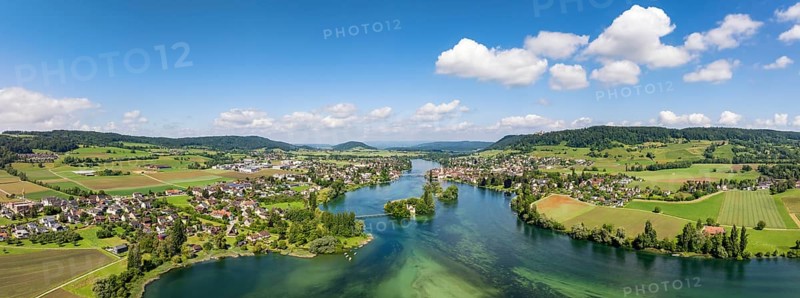Aerial view, panorama, of the Werd archipelago in the westernmost part of Lake Constance, Lake Rhine, on the left the village of Eschenz, on the right and on the horizon the old town of Stein am Rhein, Canton Thurgau, Switzerland, Europe