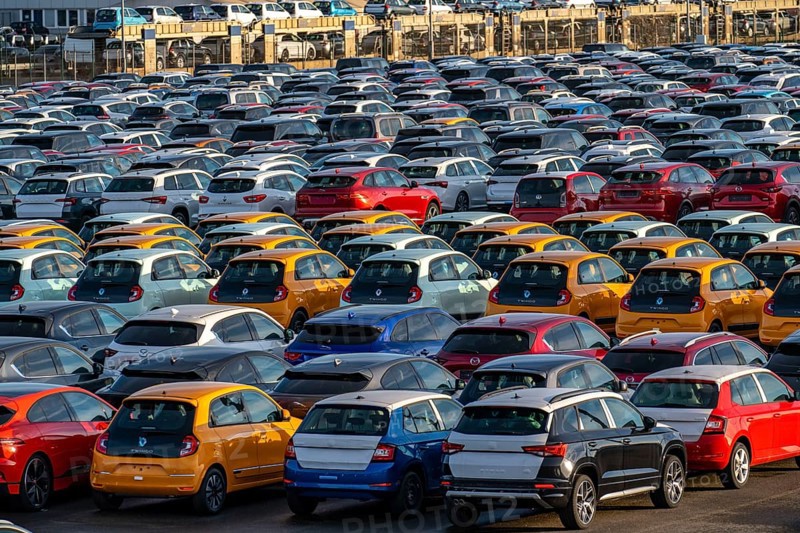Car terminal in the Logport I inland port, in Duisburg on the Rhine, vehicle handling of new cars, storage area, North Rhine-Westphalia, Germany, Europe