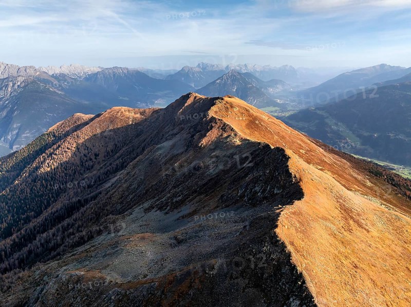 Venet mountain ridge at Kreuzjoch summit, view of Tschirgant summit and the Oberinntal valley, in autumn, Venet crossing, Ötztal Alps, Tyrol, Austria, Europe