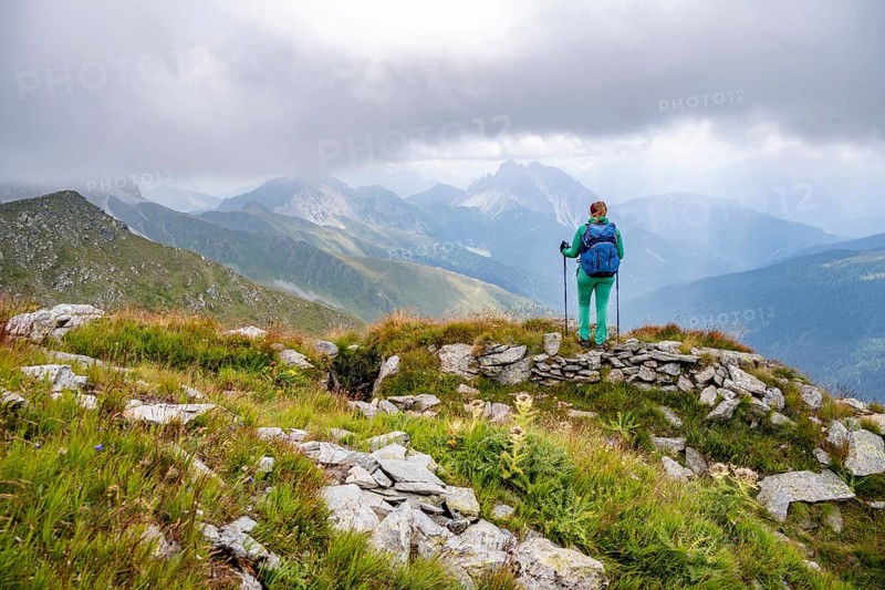 Hiker on hiking trail, Carnic Main Ridge, Carnic High Trail, Carnic Alps, Carinthia, Austria, Europe