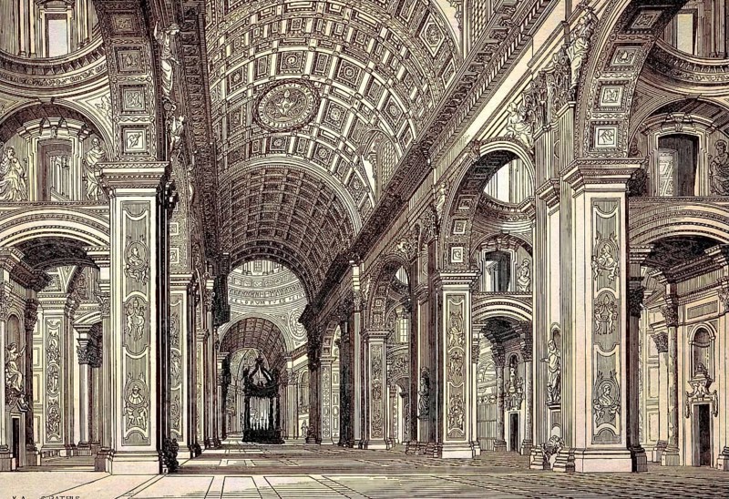 Inside the Papal Basilica of St Peter in the Vatican, or simply St Peter's Basilica, an Italian Renaissance church in Vatican City, the papal enclave within the city of Rome, Italy, digital reproduction of a 19th century original, original date unknown, Europe