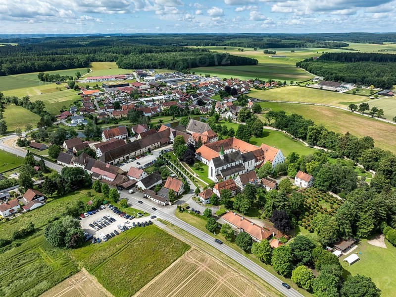 Aerial view of the village of Heiligkreuztal with the cathedral and the former Cistercian nunnery, district of Biberach, Upper Swabia, Baden-Württemberg, Germany, Europe