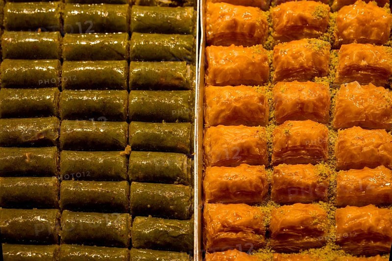 Egyptian bazar with pastries, Istanbul, Turkey, Asia
