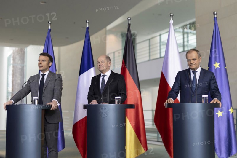 Olaf Scholz (SPD), Federal Chancellor, Emmanuel Macron, President of France, Donald Tusk, Prime Minister of Poland, at a press conference at the Federal Chancellery in Berlin, 15 March 2024