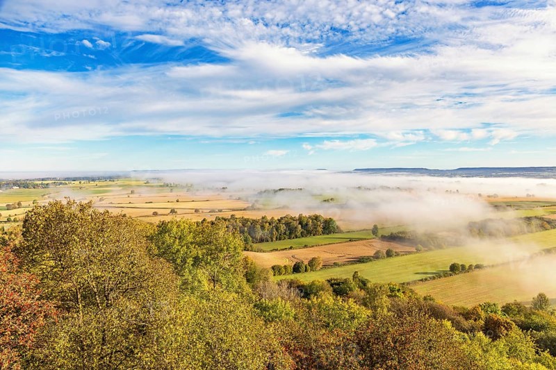 View of a patchwork landscape in the countryside with fog above the fields and beautiful autumn colors on the trees a sunny autumn day