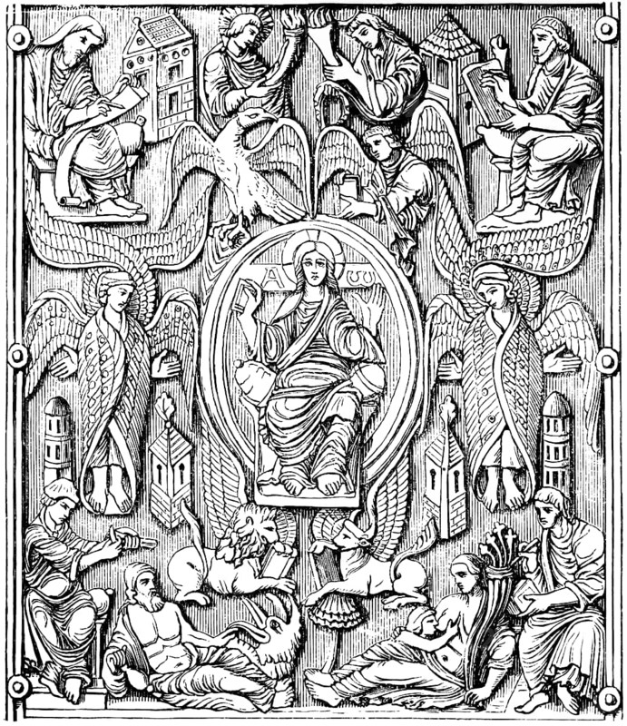 From the Dyptichon, two-part relief panel of Abbot Tutilo, St. Gall Abbey, Switzerland, church building in the Christian Middle Ages, 9th to 15th century, historical illustration 1880, Europe