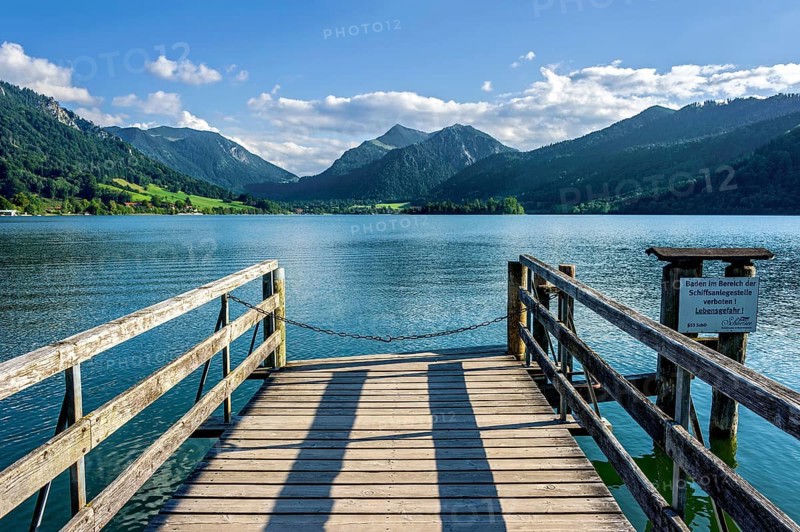 Mooring for motorboat, jetty, boat trip on the Schliersee, Markt Schliersee, mountains Brecherspitz or Spitzing and Schlierseespitz, Mangfall mountains, Bavarian Prealps, Upper Bavaria, Bavaria, Germany, Europe