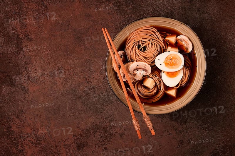 Asian soba soup, with mushrooms and egg, cheese, sesame seeds, homemade, no people
