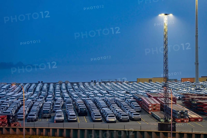 Parking space for import vehicles, hundreds of Hyundai Ioniq, electric cars, waiting for onward transport, at the EUROGATE container terminal in the overseas harbour of Bremerhaven, Lower Saxony, Germany, Europe