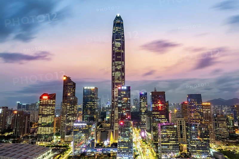Shenzhen skyline with skyscrapers city centre downtown in the evening in Shenzhen, China, Asia