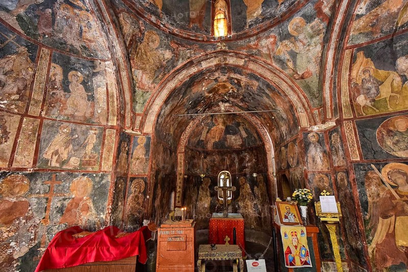 Interior of a church covered with frescoes and religious icons, several altars, Byzantine chapel Agios Nikolaos Foundoukli, between Eleousa and Profitis Ilias, Rhodes, Dodecanese, Greek Islands, Greece, Europe