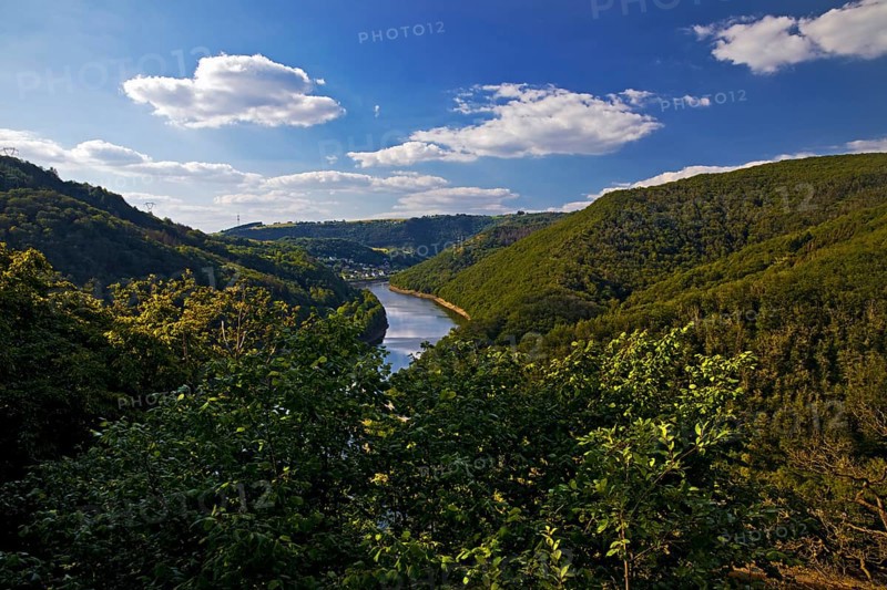 Elevated view of the Our valley and the river Our, Vianden, Our National Park, Ardennes, Islek, Ösling, Grand Duchy of Luxembourg