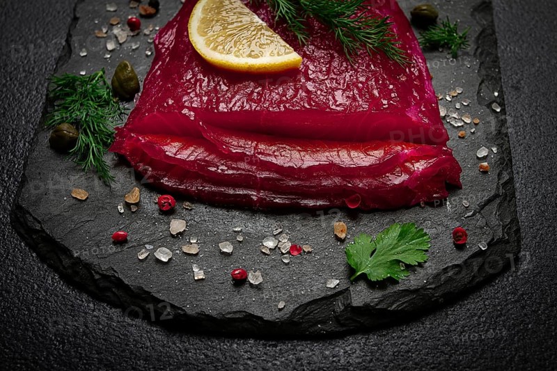 Salmon gravlax with beetroot, Scandinavian snack, beet gravlax, lightly salted fish, homemade, no people