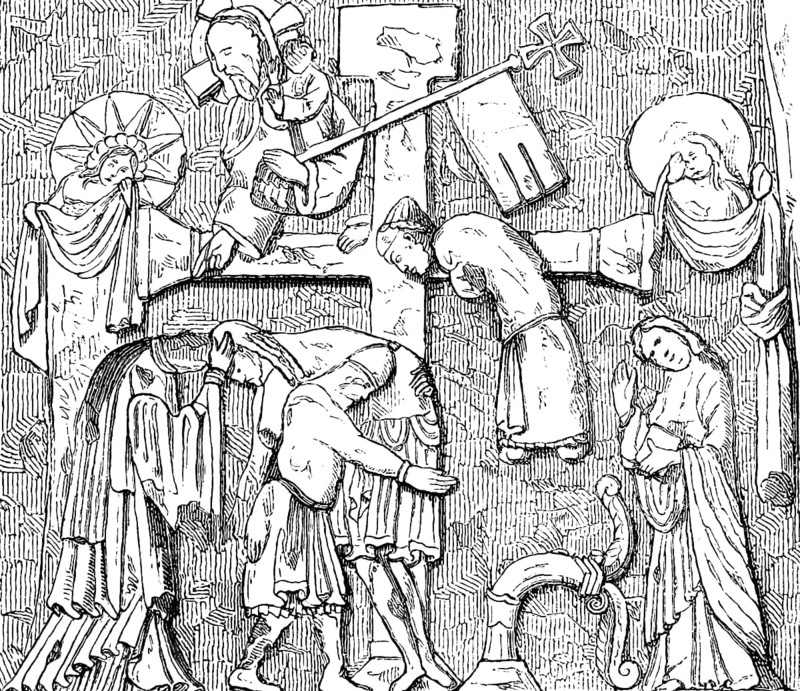 Relief on the Externsteine, Externsteine in Horn-Bad Meinberg, Germany, place of worship, cross, descent from the cross, religious motifs, church building in the Christian Middle Ages, 9th to 15th century, historical illustration 1880, Europe
