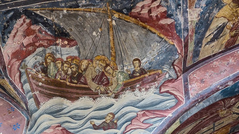 Religious fresco depicting men in a boat on a stormy sea, in a historic church, scene with the rescue of shipwrecked men, Inside the monastery, Agiou Theologou Monastery, Chora, Patmos, Dodecanese, Greek Islands, Greece, Europe
