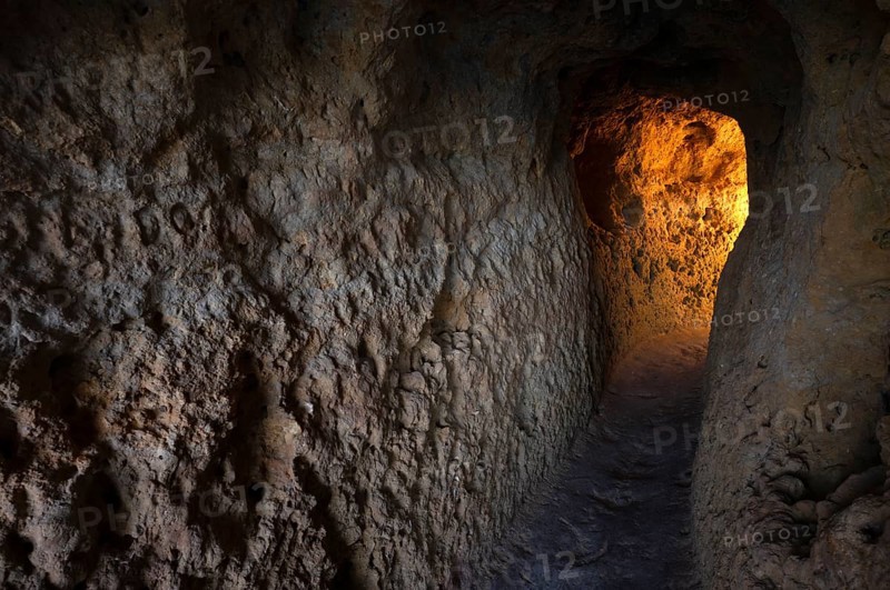 Light at the end of the tunnel, Algar Seco rock formation, coloured rocks and underground caves, caves, glow, glow, sun, shell limestone, Carvoeiro, Algarve, Portugal, Europe