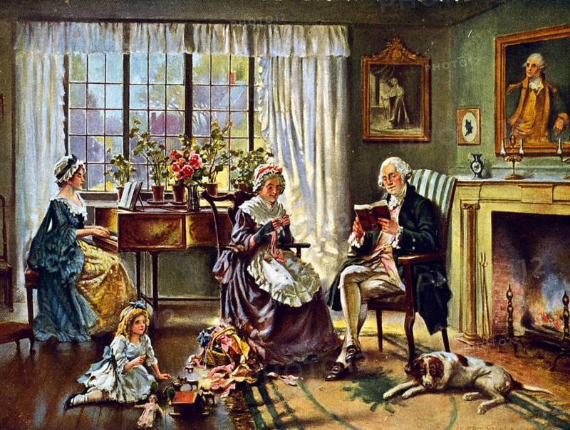 George Washington (1732-1799) First President of the United States of America (1789-1797) . Washington at home with his family. After a painting by Edward P. Moran (1862-1935)