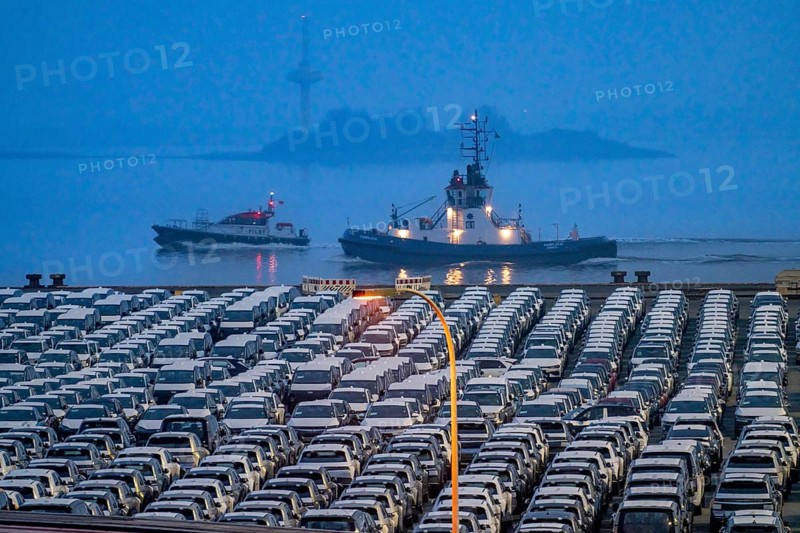 Parking space for import vehicles, hundreds of Hyundai Ioniq, electric cars, waiting for onward transport, ship on the Weser, at the EUROGATE container terminal in the overseas harbour of Bremerhaven, Lower Saxony, Germany, Europe