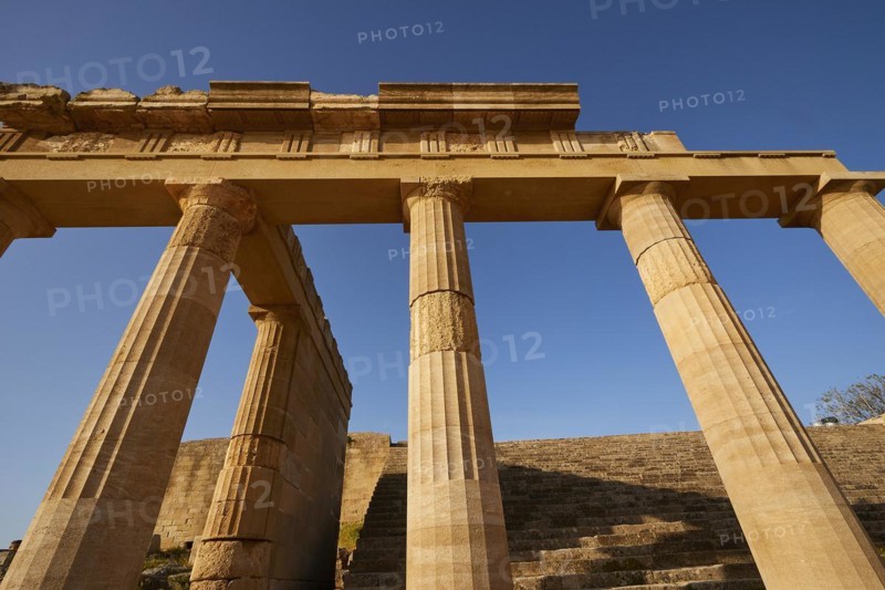 Acropolis of Lindos, morning light, Propylaea, Lindos, Rhodes, Dodecanese, Greek Islands, Greece, Europe