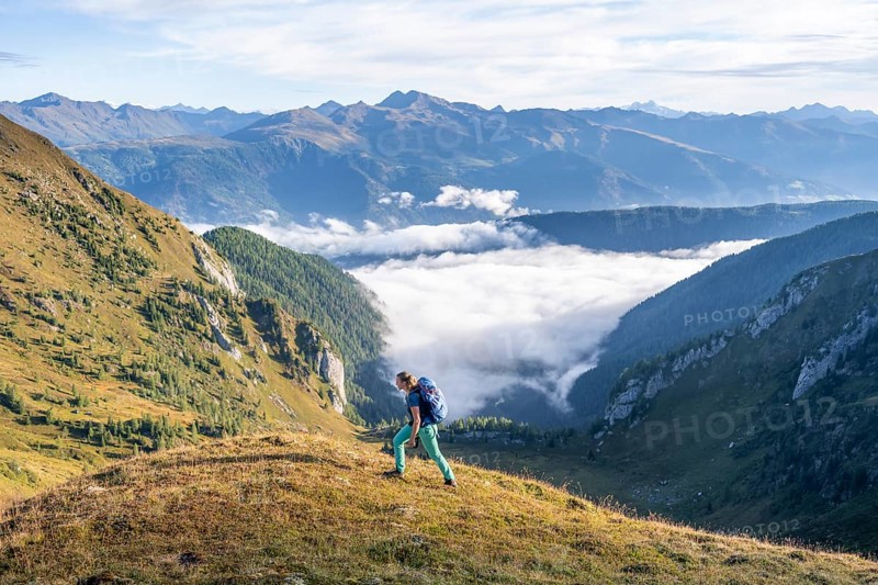 Hiker on the Carnic High Trail, Carnic Main Ridge, Carnic Alps, Carinthia, Austria, Europe